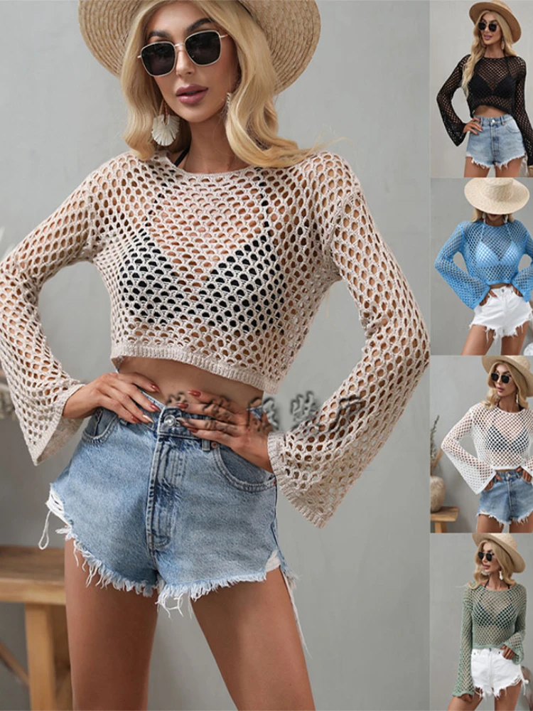 

2023 Trumpet Sleeve Short Pullovers Knitted Tops loose Crocheted Summer Hollow Sweater Women Beach Sexy Hollow Knit Top Sweater