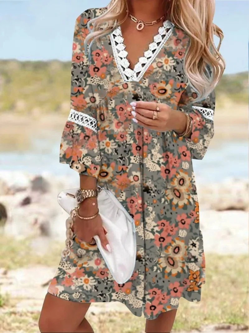

Women's Dress V-neck Long Sleeve Elegant Autumn Fashion Bohemian Lace Dresses Female Summer Casual Loose Beach Clothes Ladies