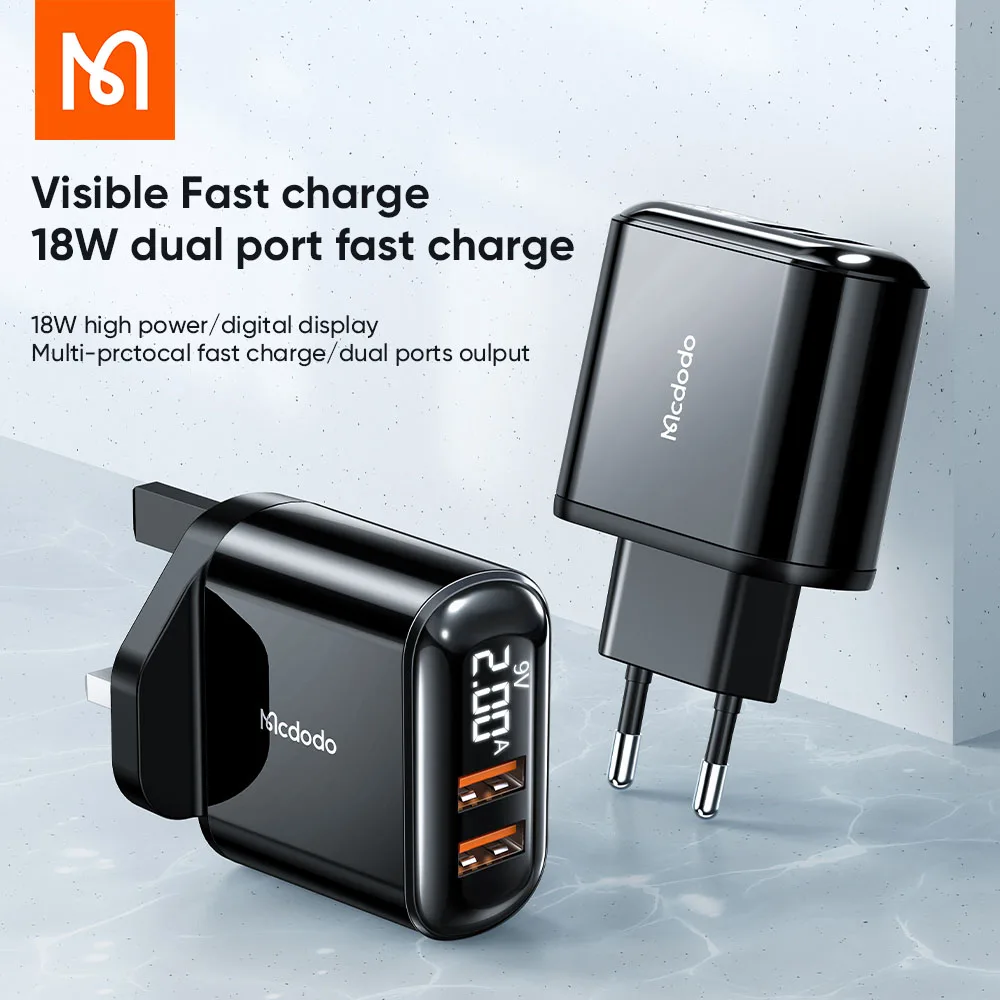 

Mcdodo 18W Displayer Charger 2 USB Double Hole Portable Fast Charger For IPhone Xiaomi Android Phone EU/ UK Plug Mobile Charger