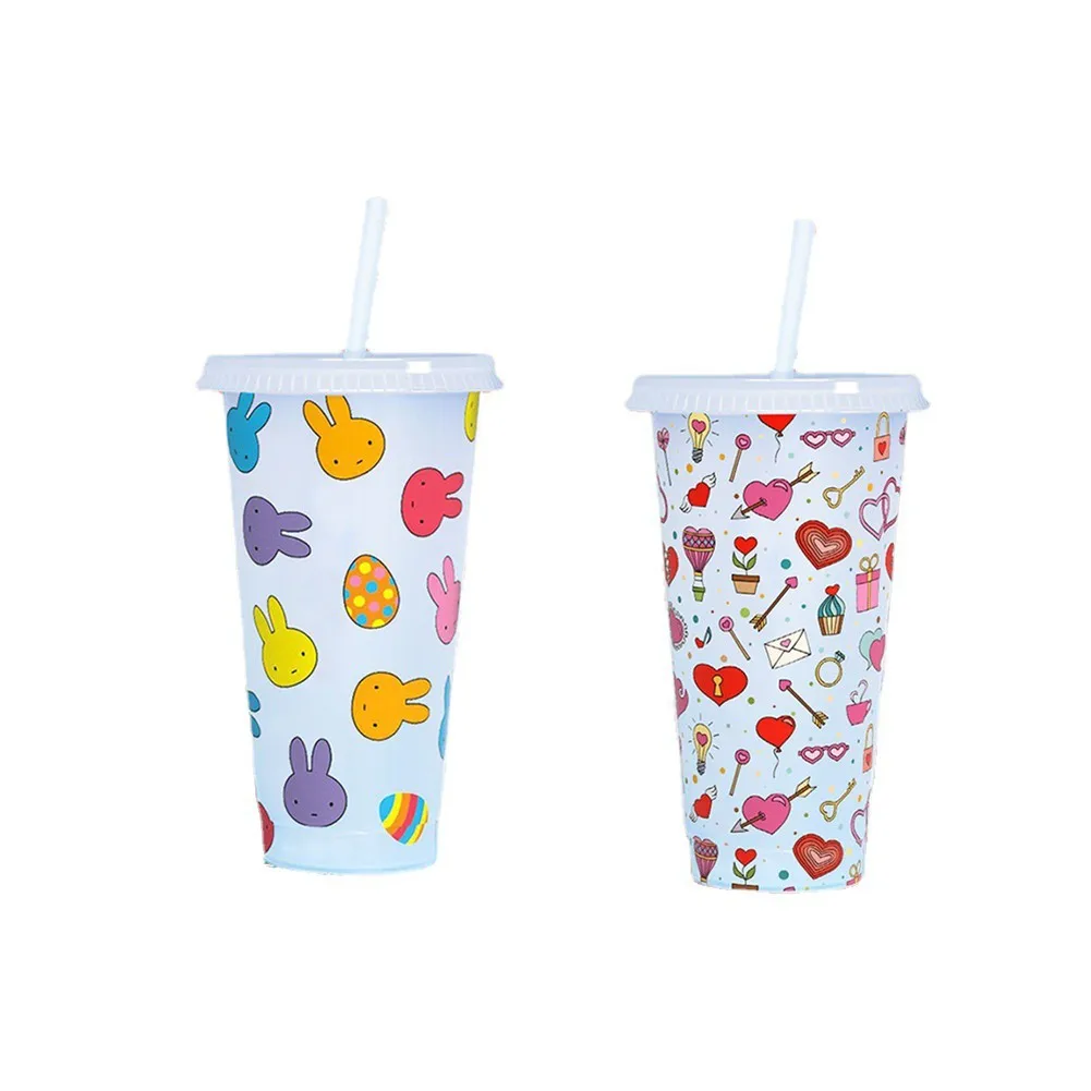 

1x Straw Cup Easter Plastic Color Changing Straw Cup 710ML Drink Fruit Tea Cold Drink Bottle With Lid And Straw