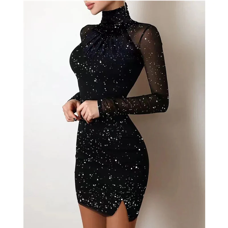 

Модная Облегающая водолазка с длинным рукавом, облегающее платье с высоким воротником, женский сексуальный корсет с высокой талией, вечернее коктейльное платье