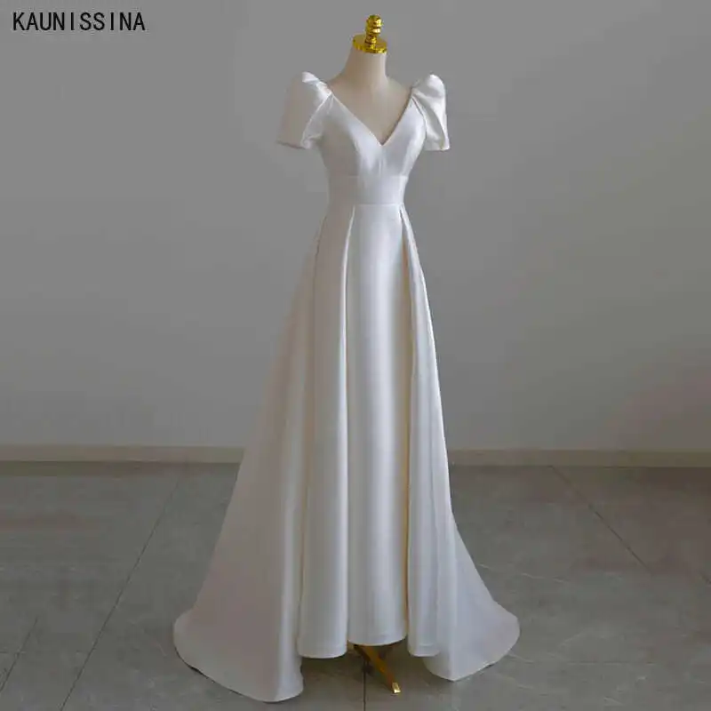 

KAUNISSINA Boho Bride Wedding Dresses A-Line V-Neck Beach Vestido De Novia Puff Sleeves Floor Length Corset Back Bridal Gowns