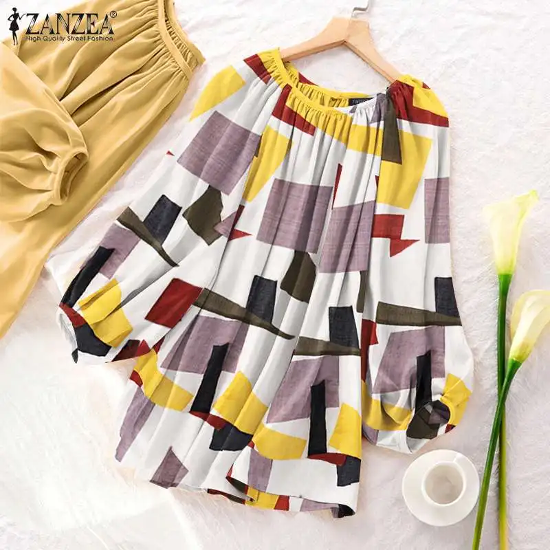 

Women Fashion Printed Tops ZANZEA Vintage Long Sleeve Blusas Spring Autumn O Neck Blouse Lady Casual Cotton Shirt Oversize Tunic