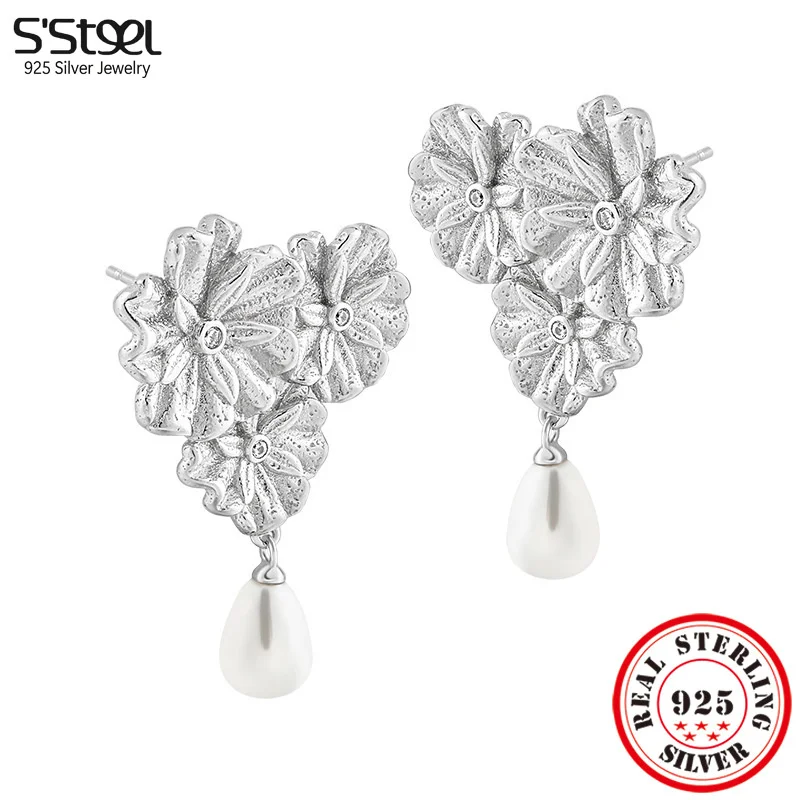 

S'STEEL Sterling Silver 925 Floral Studded Pearl Ear Studs Earings Gifts For Women Aesthetic Luxury Vintage Korean Fine Jewelry