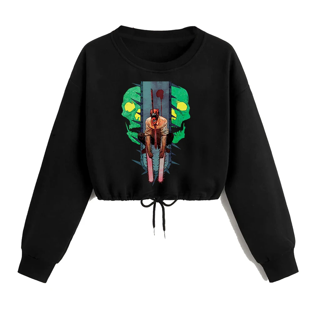 

Chainsaw Man Crop Top Sweatshirt Women's Casual Drawstring Long Sleeve Female Tops