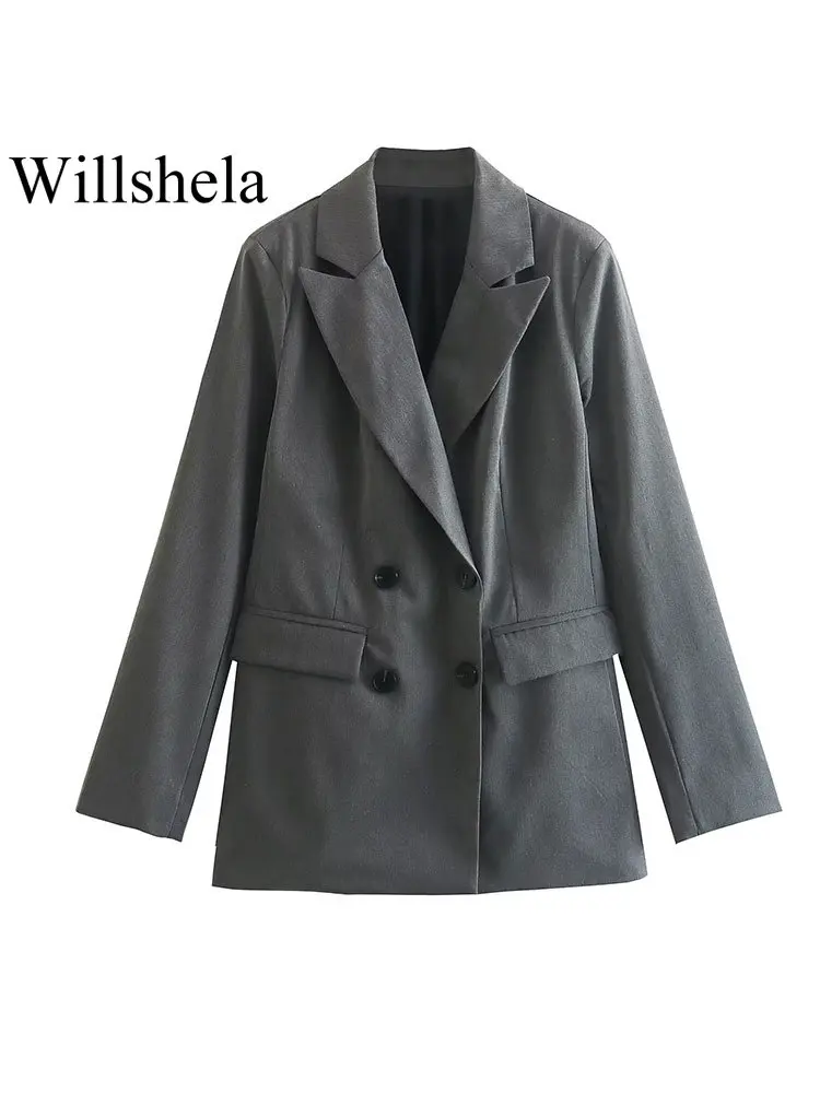 

Willshela Women Fashion Solid Grey Business Blazer Notch Neck Double Breasted Long Sleeves Female Chic Office Lady Formal Coat