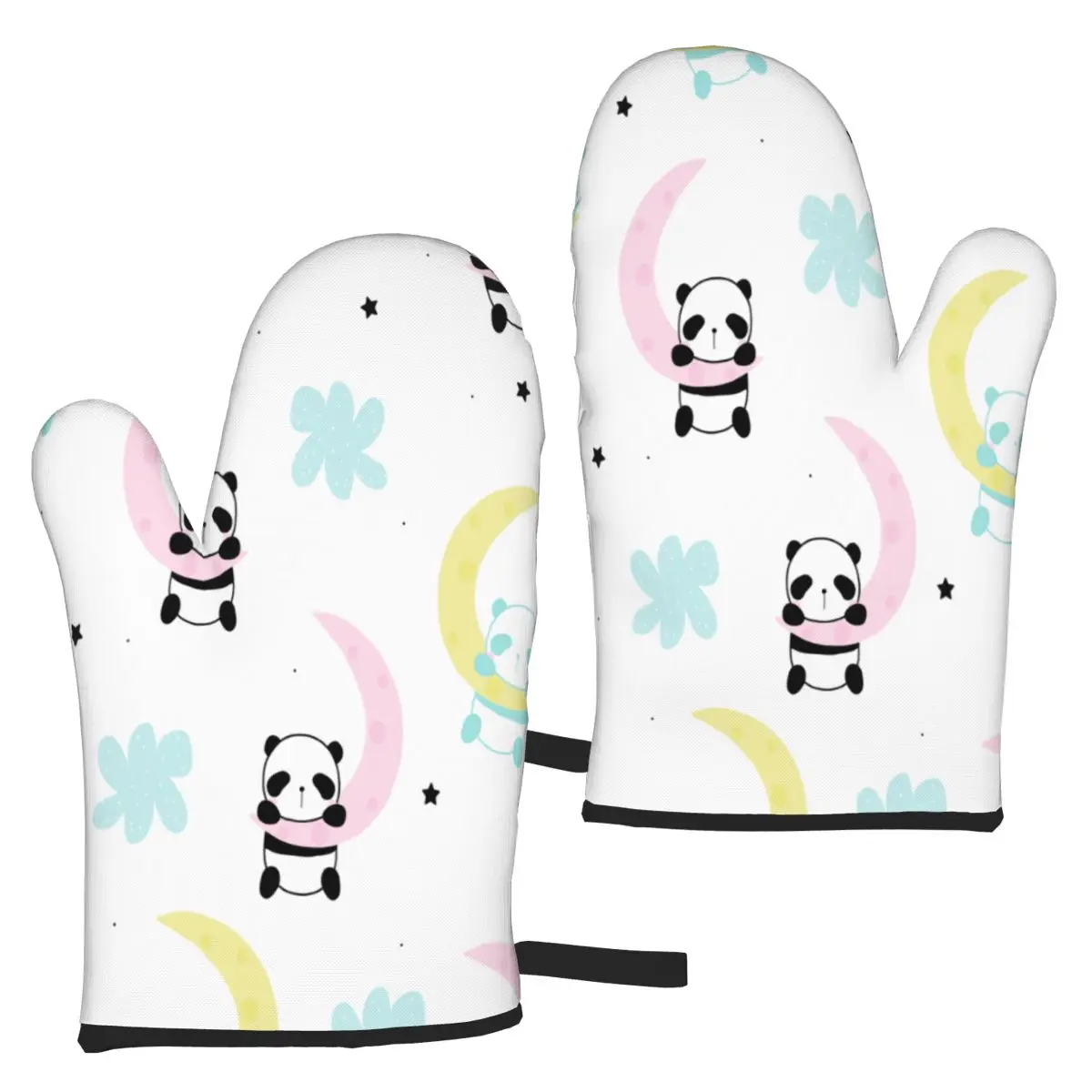 

2PCS Heat Resistant Kitchen Gloves Oven Mitts Cute Little Panda Sleep On The Moon Cooking Microwave Gloves