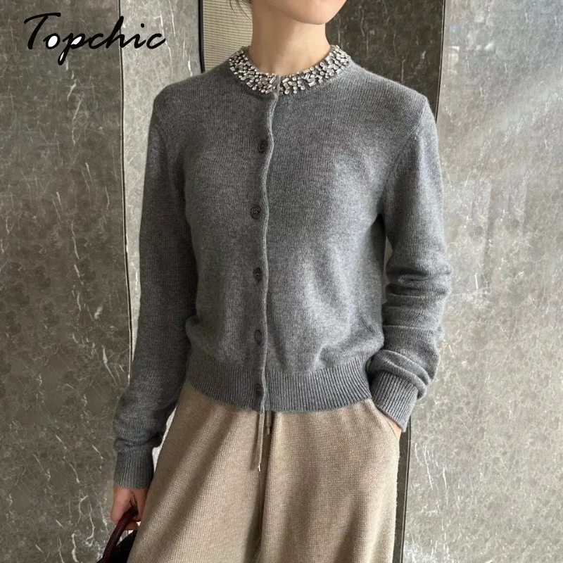 

Женский кашемировый свитер, элегантный вязаный кардиган с длинным рукавом, украшенный бусинами, осень 2023