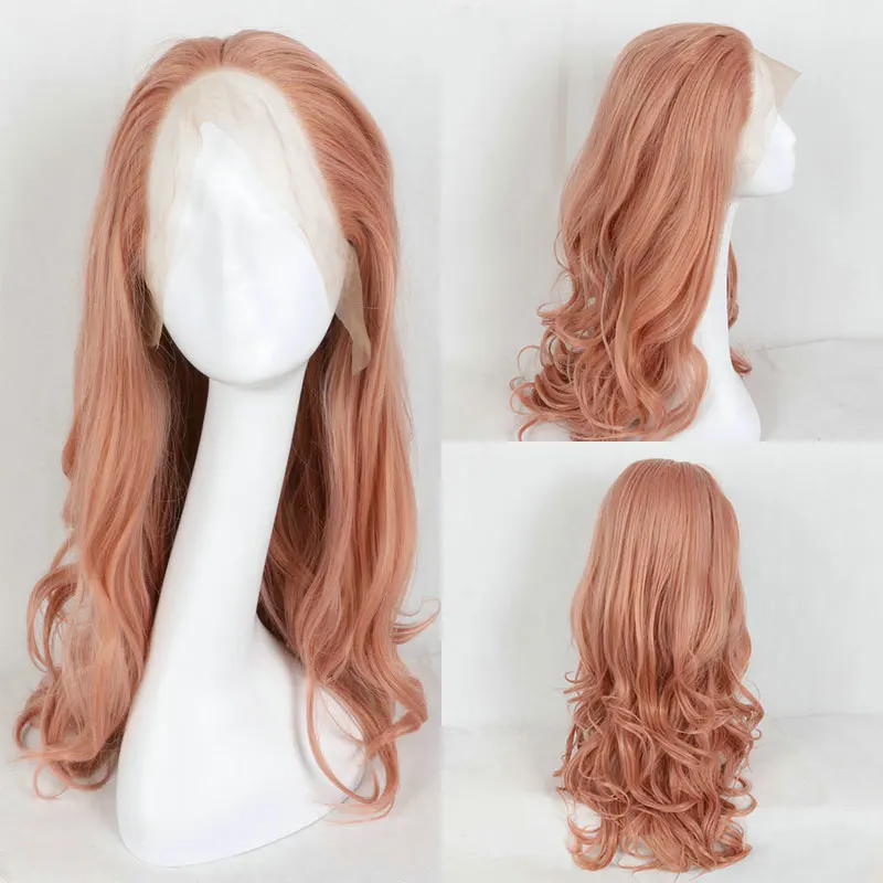 Розово-золотистый розовый синтетический кружевной передний парик с объемными