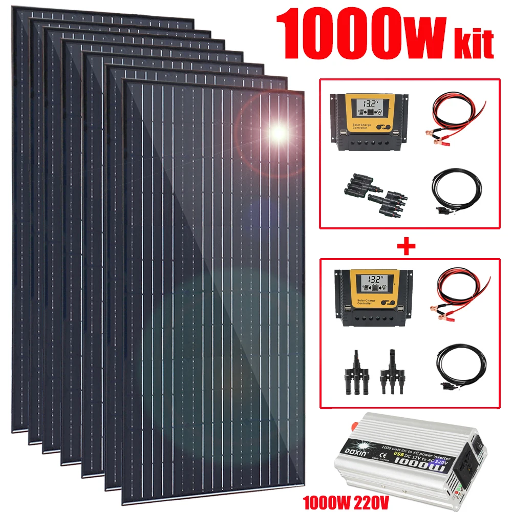 

1000w solar panel aluminum frame complete kit 12v battery charger controller photovoltaic cable 220V 1000W inverter home car