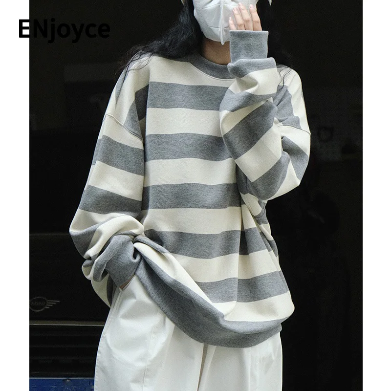 Women Loose Profile Fashion Striped Sweatshirt Casual Oversized Pullover Sports Wide Shoulder Tops Spring Fall 2022