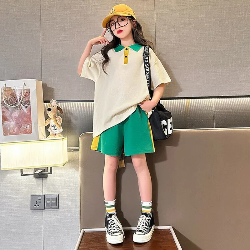 

Спортивный костюм для девочек-подростков, футболка и шорты, комплект из 2 предметов, модная уличная одежда для детей 5-14 лет, на лето