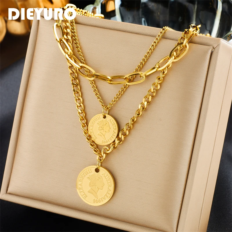 

DIEYURO 316L Stainless Steel Gold Color Round Coin Portrait Pendant Necklace For Women Girl New Trend Multilayer Chains Jewelry