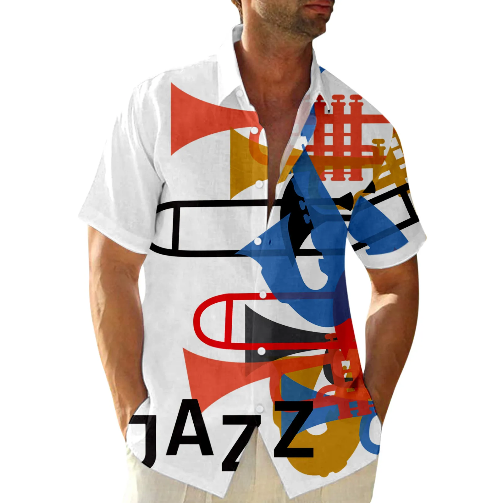 

Button up Shirt with Male Summer Casual Music Print Plus Size Shirt Turn Down Collar Short Sleeve Button up Shirt with Robes