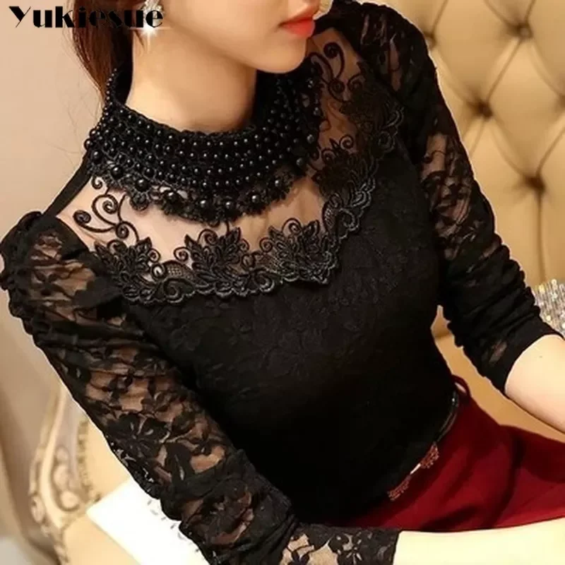 

elegant long sleeve bodysuit beaded Women lace blouse shirts crochet tops blusas Mesh Chiffon blouse female clothing