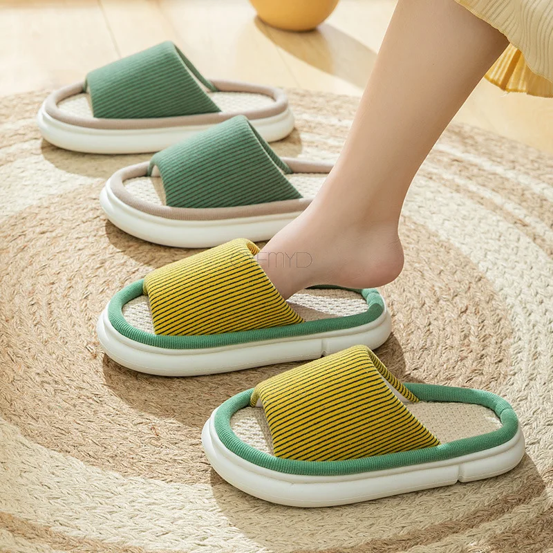 Linen Home Slippers for Women Concise Breathable Soft Slippers Female Fashion Open Toe Slides Shoes cozy Comfort Indoor Slippers