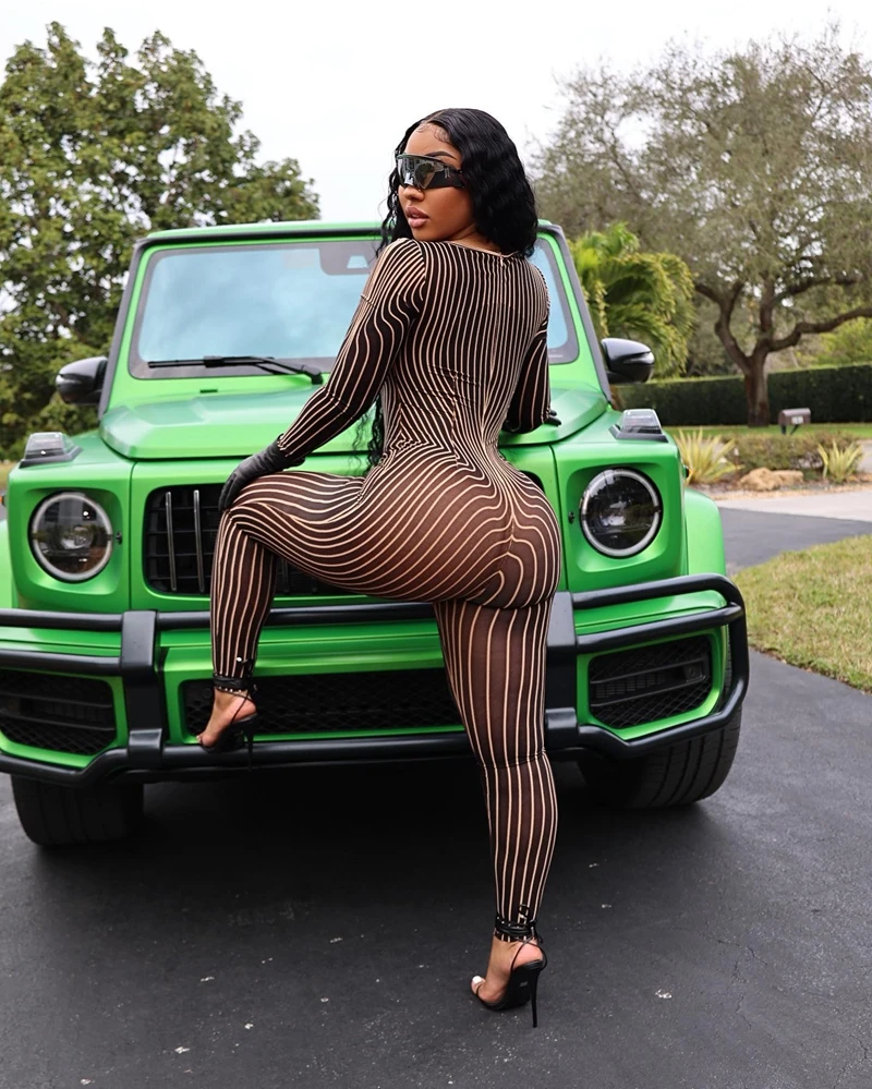 Sheer Mesh See Through Vertical Striped Jumpsuit Girls Streetwear Scoop Neck Long Sleeve Overall Midnight Clubwear Party Outfits