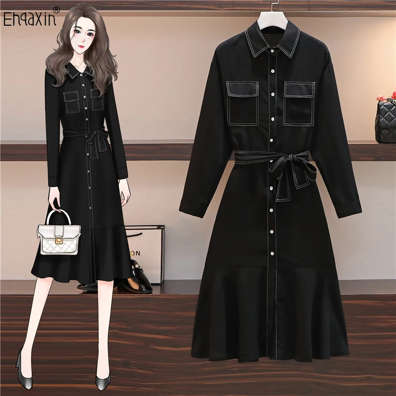 

EHQAXIN Новое Женское платье Мода 2022 осень универсальное свободное платье со шнуровкой рыбий хвост с оборками Длинные женские платья на пуговицах