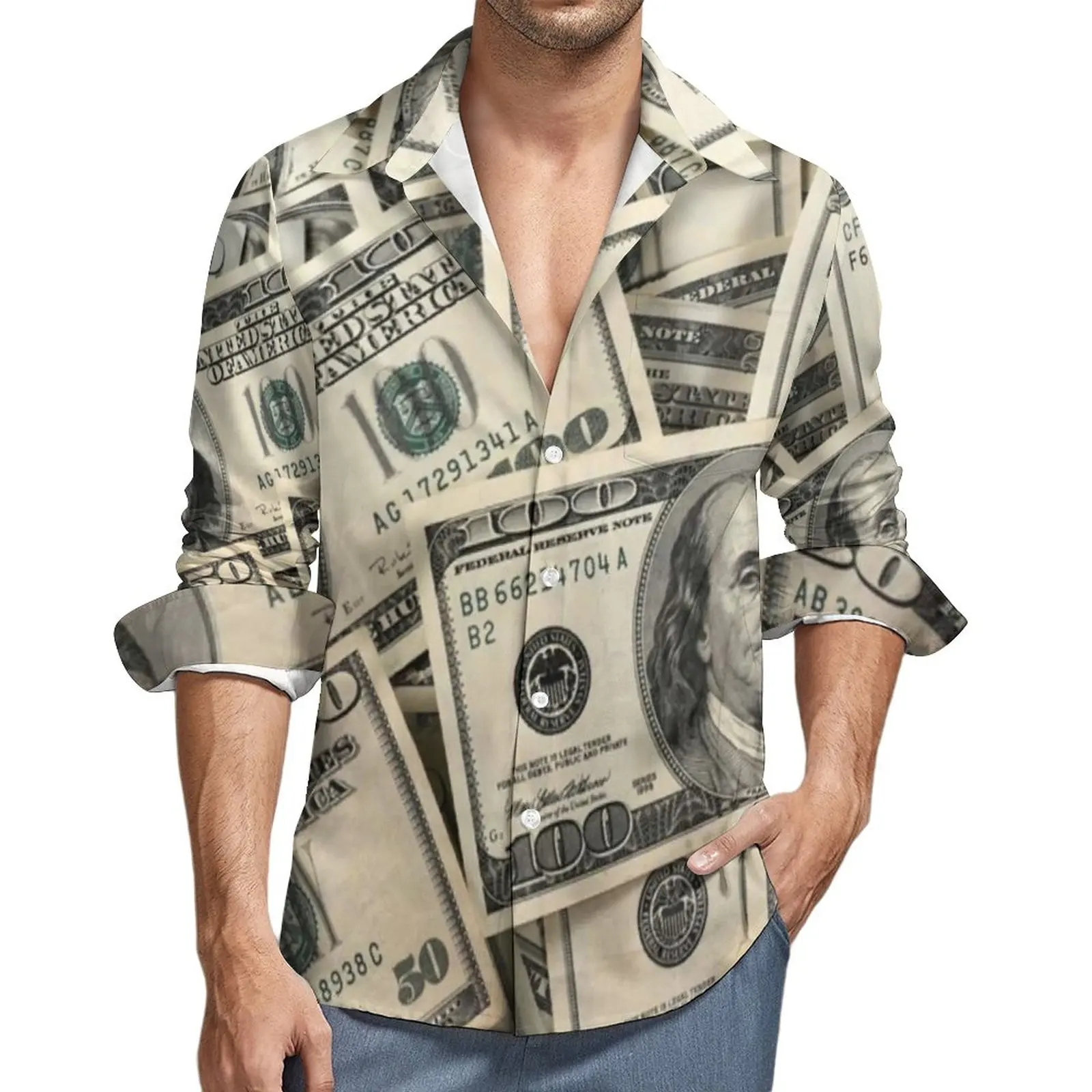

Dollar Casual Shirts Man Money Currency Shirt Long Sleeve Vintage Harajuku Blouses Autumn Printed Tops Plus Size