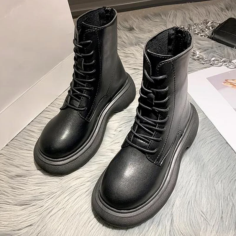 

2021 Women's Thick-soled Boots PU Leather Round Toe Shoes Women's Low Ankle Boots Motorcycle Boots Fashion Non-slip Ankle Boots