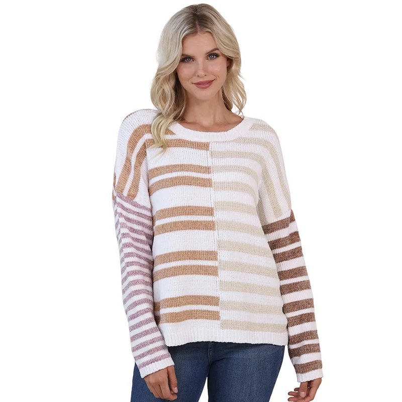 

Женский простой пуловер, Осенний Свободный Полосатый свитер контрастных цветов с круглым вырезом, повседневная универсальная уличная одежда, женская одежда