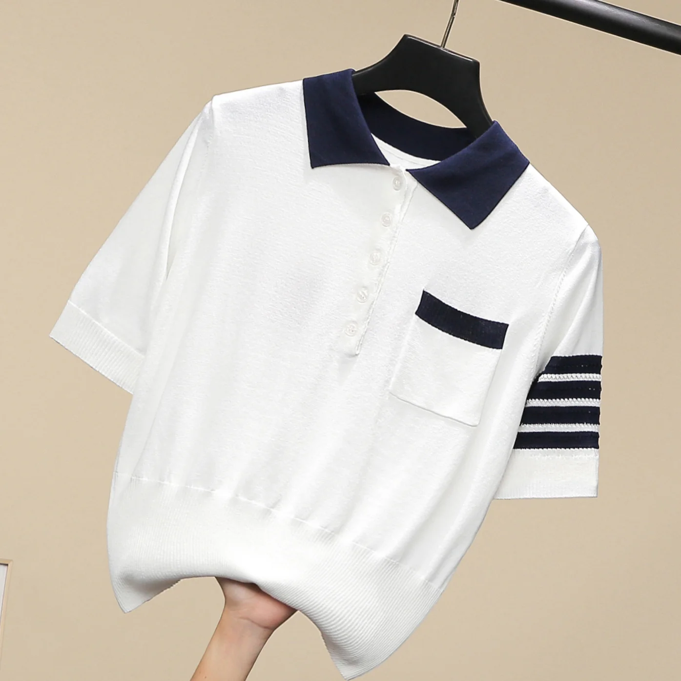 

TB new ice silk sweater back puppy pattern casual waist polo collar top short-sleeved T-shirt women's summer