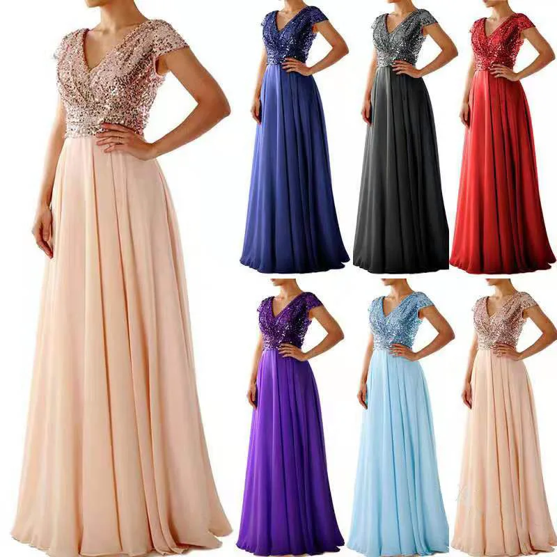

2022 Summer New Fashion Temperament Trend Sexy Casual Solid Color V-neck Chiffon Stitching Evening Dress Women's Clothing