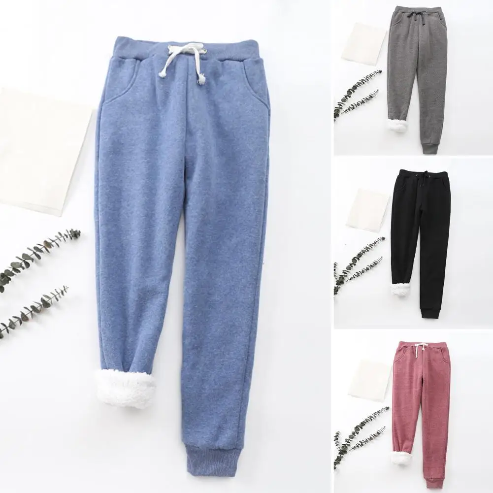 

2022 Elastic Waist Mid-Rise Slant Pockets Solid Color Thickened Women Pants Autumn Drawstring Fleece Lined Sweatpants Streetwear