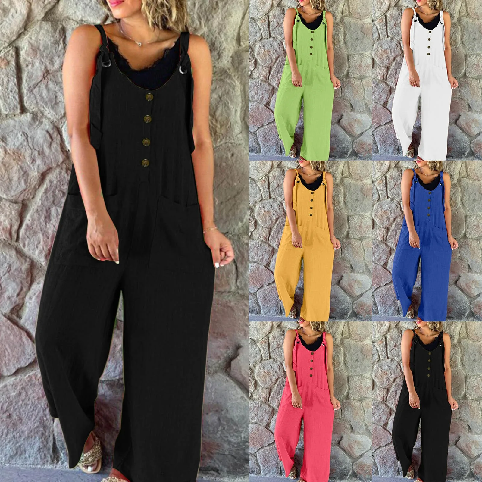

Summer Cotton Linen Casual Jumpsuit New Spring Fashion Button Strappy Loose Romper Women Pocket Straight Pants Playsuit Overalls