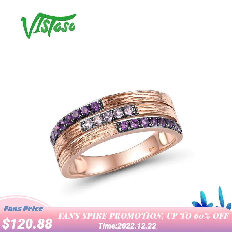 

VISTOSO Genuine 9K 375 Rose Gold Ring with Amethyst For Lady Engagement Anniversary Lovely Chic Gift Fine Jewelry