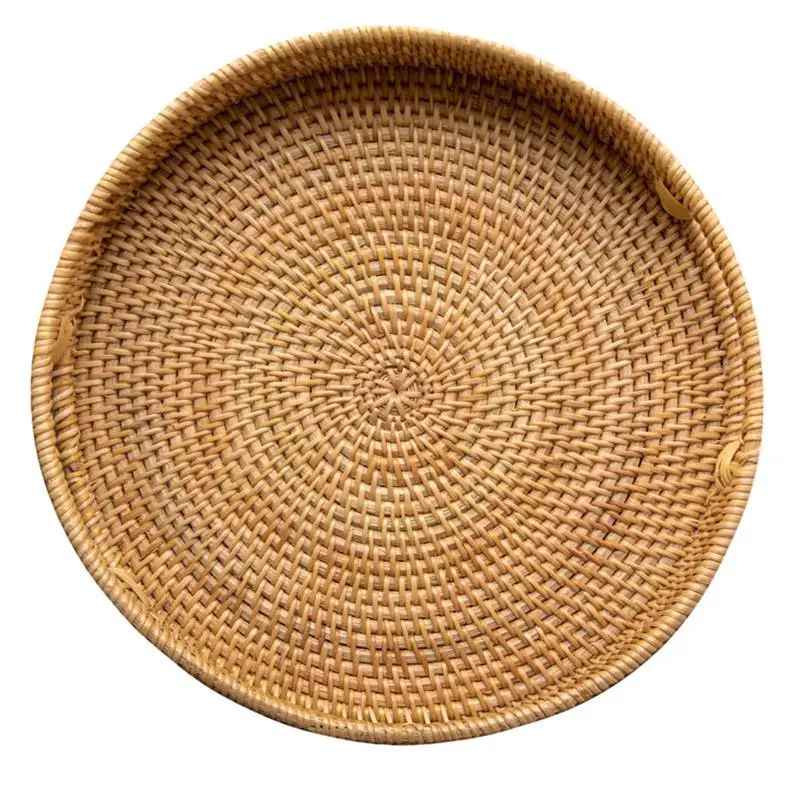 1Pc Vietnam Rattan Basket Tray Hand-Woven Storage Bread Living Room Fruit Plate Tea Withe Handle |