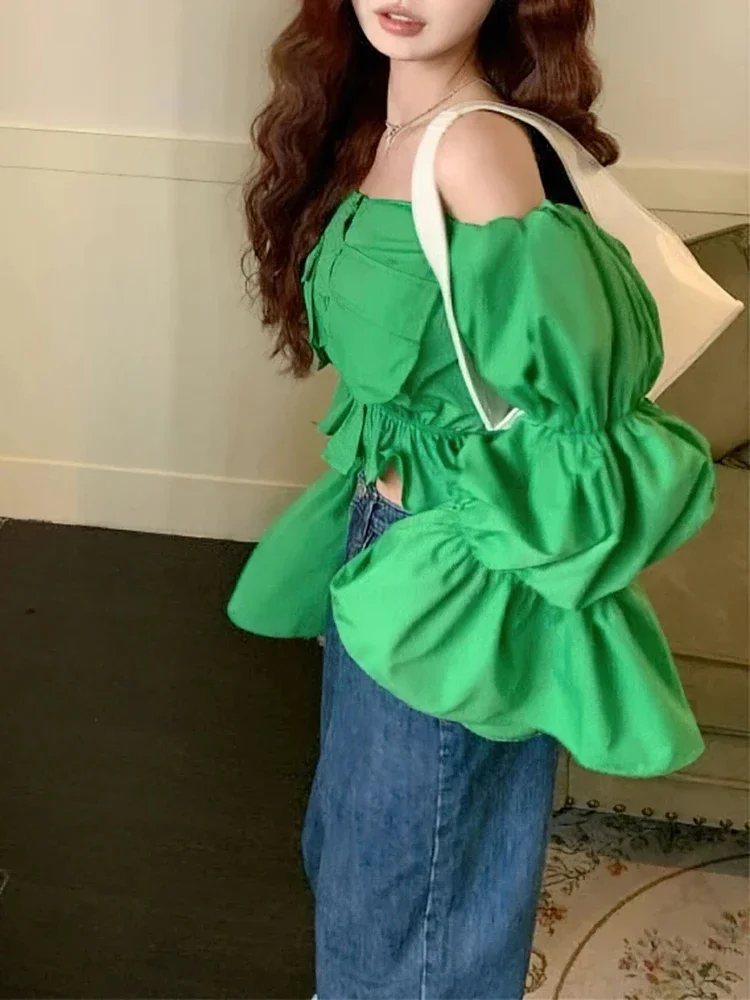 Женская блузка с открытыми плечами однотонная короткая рубашка квадратным