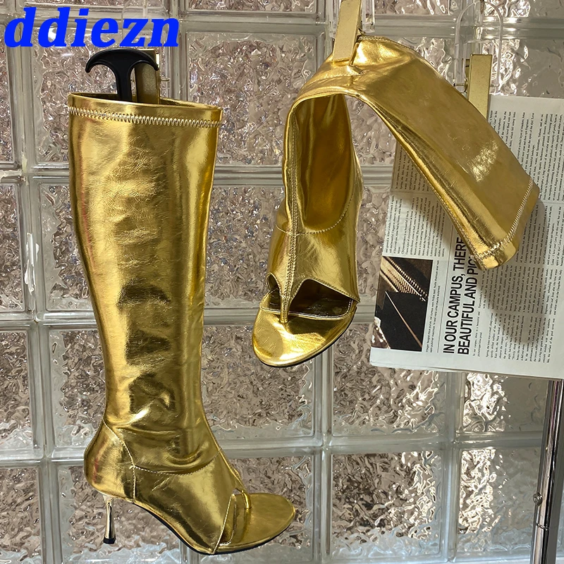 

Женские сапоги до колена стрейч, с открытым носком