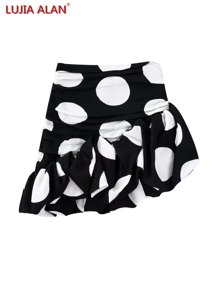 

Women Polka Dot Print Cascading Ruffle Asymmetrical Mini Skirts Autumn Female High Waist Loose Streetwear LUJIA ALAN P3105