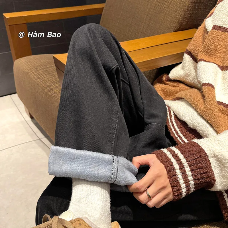 Winter Plush Thick Jeans Men Warm Fashion 4-color Straight Jeans Men Streetwear Korean Loose Thicken Denim Pants Mens Trousers