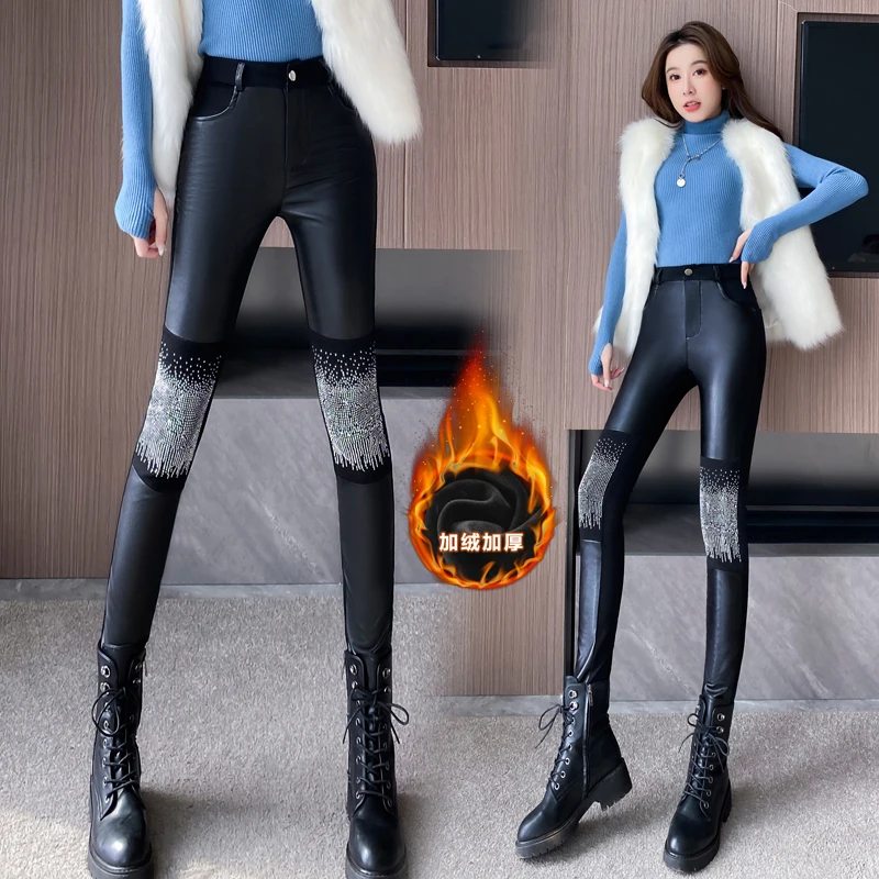 

Leather Patchwork Cotton Pencil Pants Women Fleeces Warm High Waist Black Trousers Drilling Pockets Thicken Pants Female 904