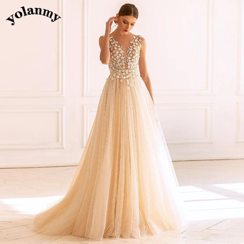

YOLANMY Beige Bohemian Aline Illusion Wedding Dresses For Mariages Women 2023 Lace Vestidos De Novia Brautmode Drop Shipping