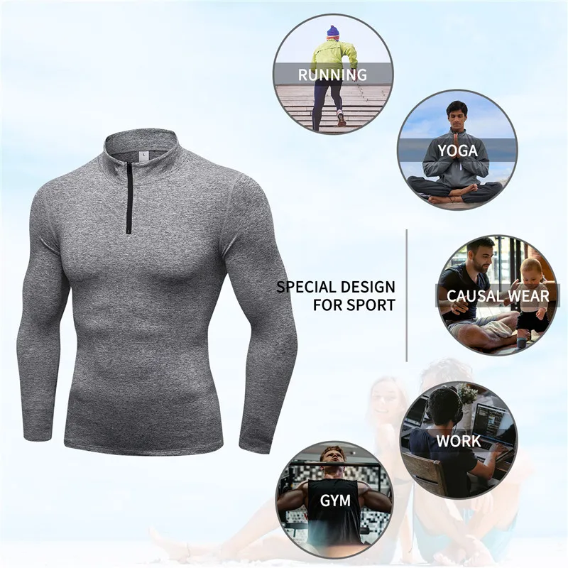 Winter Long Sleeve Zipper Sport Shirt  Men's Running  Sportswear T-shirts Rashgard  Fitness Tights Quickly Dry