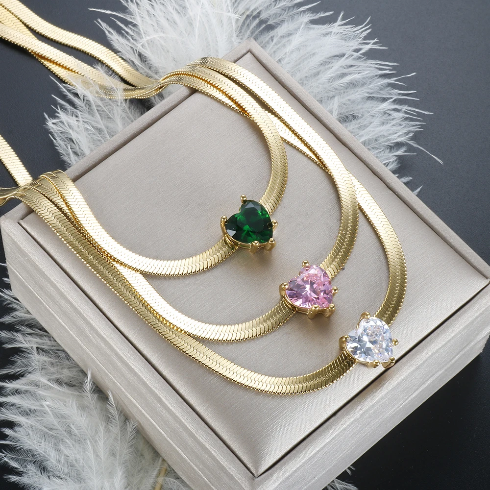 

Cubic Zirconia Heart Pendant Stainless Steel Chain Waterproof Necklace for Women Girl Trendy Wedding Jewelry Gift Wholesales