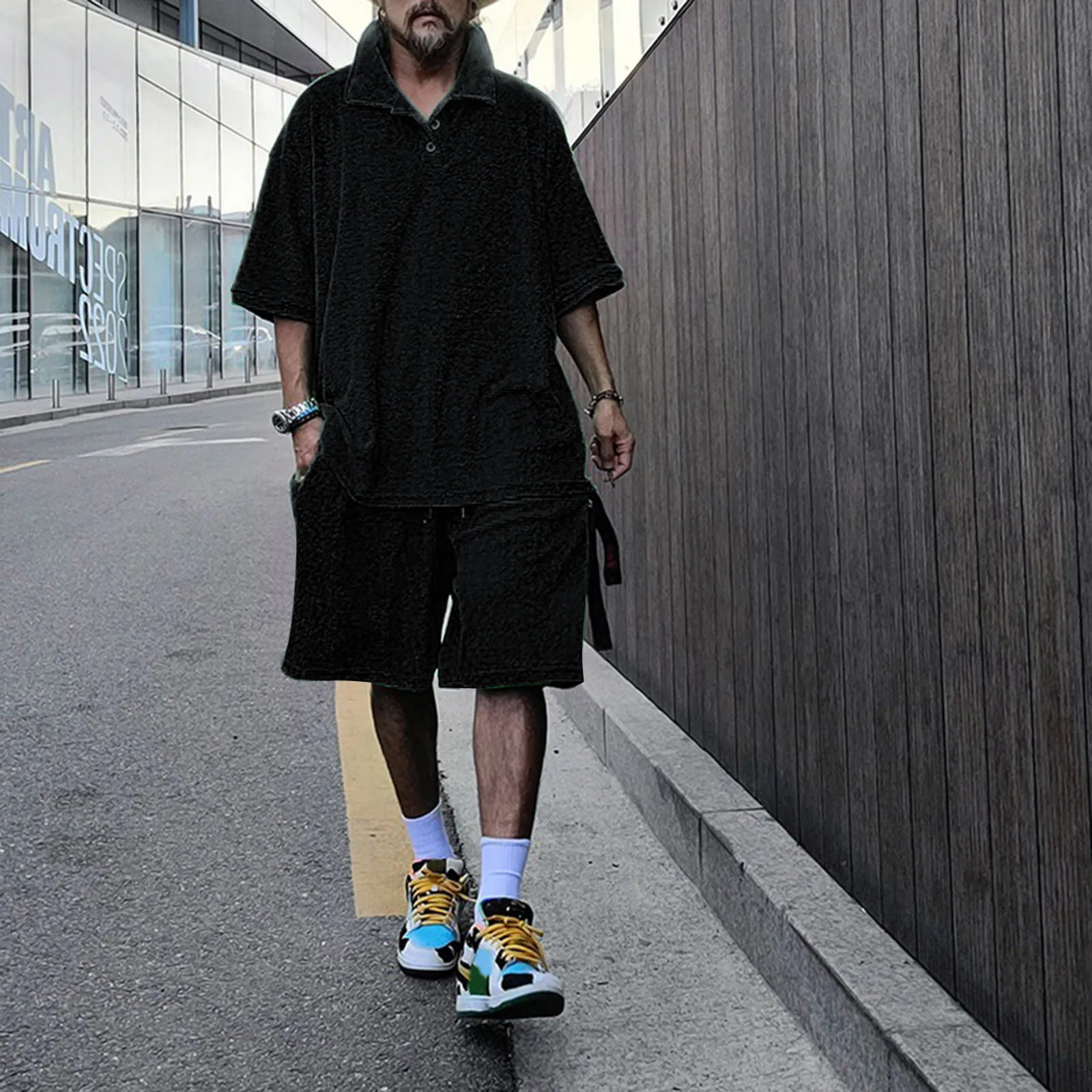 

Oversized T Shirt Shorts Set Solid Color 2 piece suit breathable Male set ropa Hombre Lapel Collar Loose Traceless Conjuntos