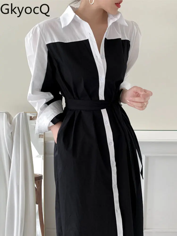 

Ladies French Retro Lapel Single Breasted Stitching Design Lace Up High Waist Bubble Long Sleeve Dress Women Loose Casual Dress