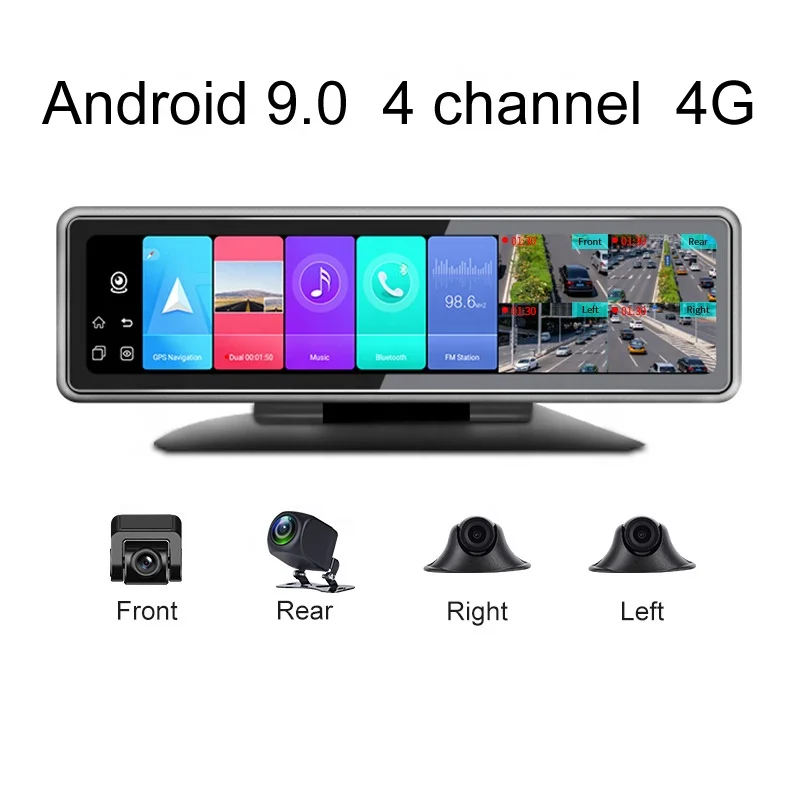 

Dashboard WiFi Android 9.0 Display 4 channel 4G Car 360 degree camera mirror Dash Cam with GPS Navigation HD 720P Video Recorder