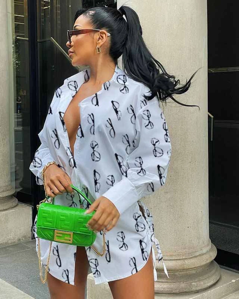 

Ladies Shirts Fashion Lapel Printed Single Breasted Shirts Side Drawstring Sexy Slits Casual Vacation Style Elegant Shirts Women