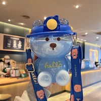 cute cartoon bear kids straw water bottle with handle and adjustable rope for kitchen girls school drinking tea milk container