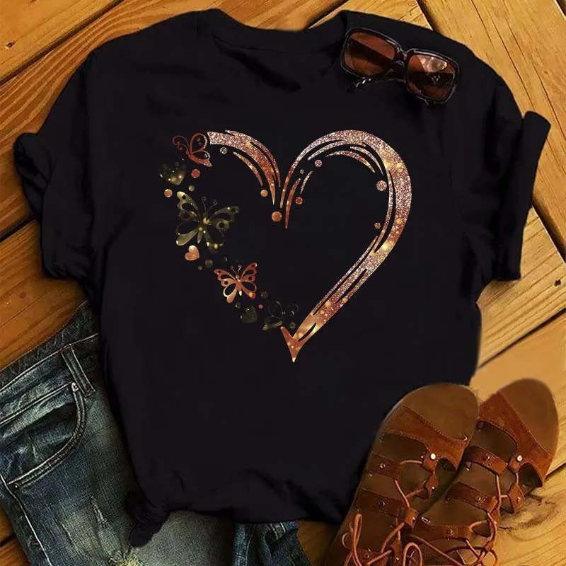 

Women T-shirt Fashion Butterfly Heart Print Tops Harajuku Graphic T-shirt Shirt Casual Round Neck Short Top FD2450