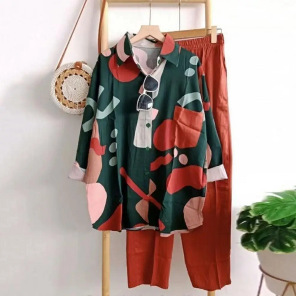 

Женский комплект из 2 предметов, рубашка и брюки, однобортный Топ с цветными блоками, брюки с широкими штанинами и длинным рукавом, женская блузка и брюки