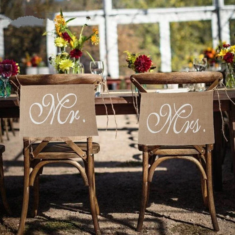 

Linen chair back pull flag European and American style wedding scene MR MRS bride and groom decorative chair back