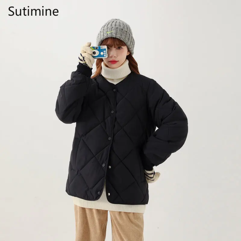 Argyle Cotton Jacket Women New Down Cotton O-Neck Cotton Jacket Short Coat Office Lady Winter Coat for Women Pockets Coat Women