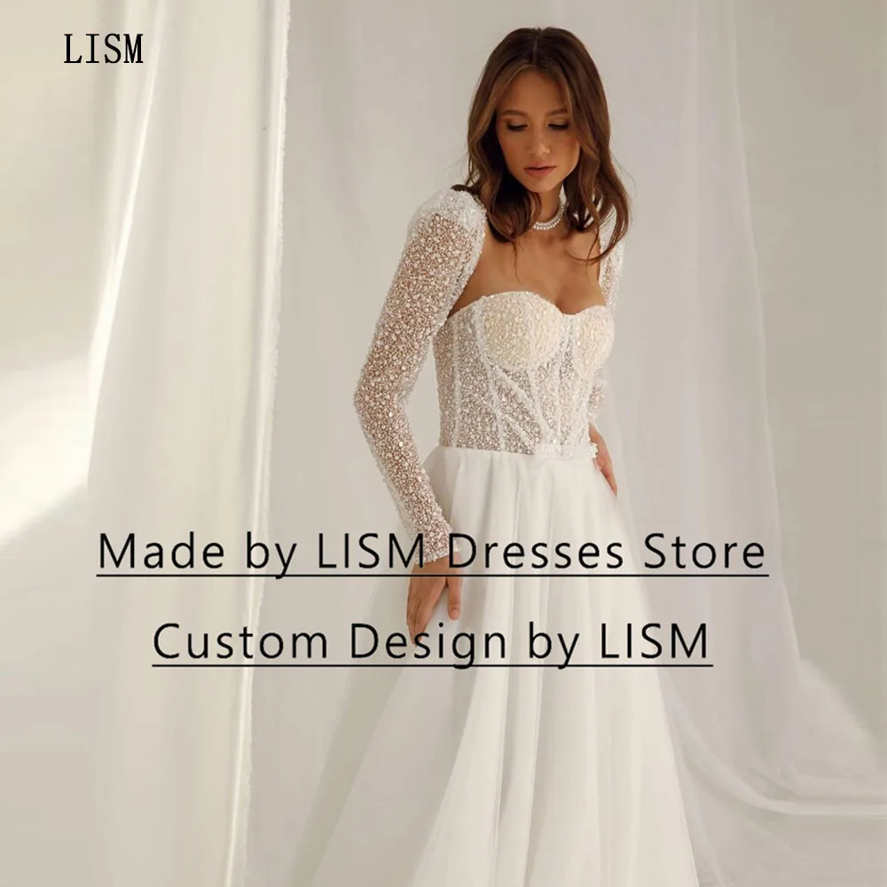 

LISM Sweetheart A-line Princess Backless Bride Gowns Beads Corset Boning Tulle Long Sleeves Floor Length Wedding Robe De Soiree