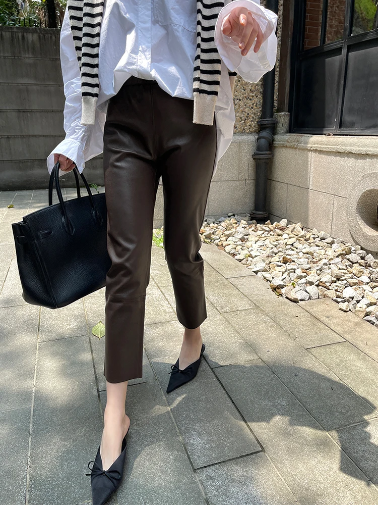 

Женские брюки-карандаш из овечьей кожи, узкие брюки до щиколотки в офисном стиле из натуральной кожи, эластичные брюки класса А
